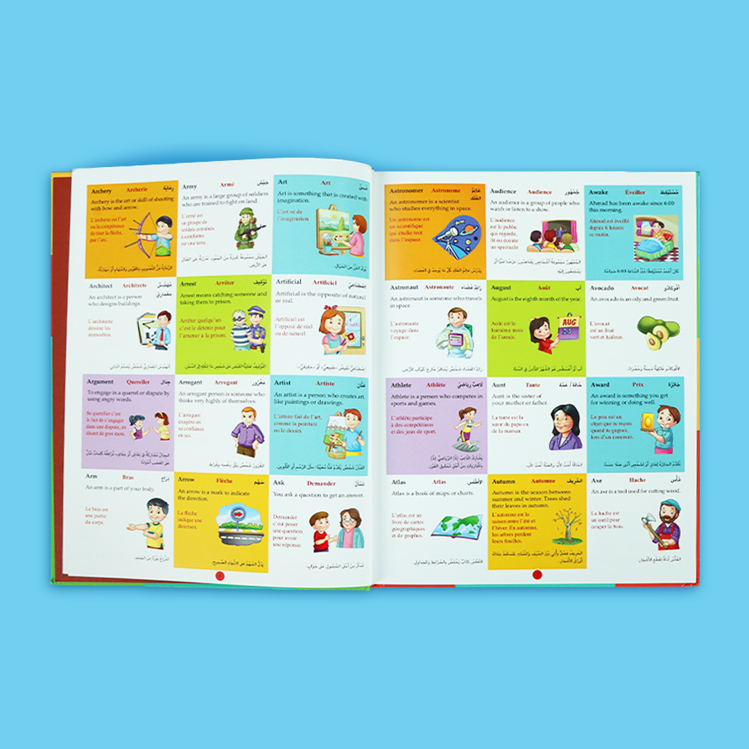غلاف كتاب أوّل 1000 كلمة للصغار بثلاث لغات: الإنجليزية والعربية والفرنسية